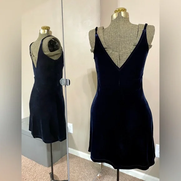 Vintage 90s Navy Velvet Mini Dress Y2K Slip Dress Party Goth Fairy Grunge Size M - Picture 3 of 12